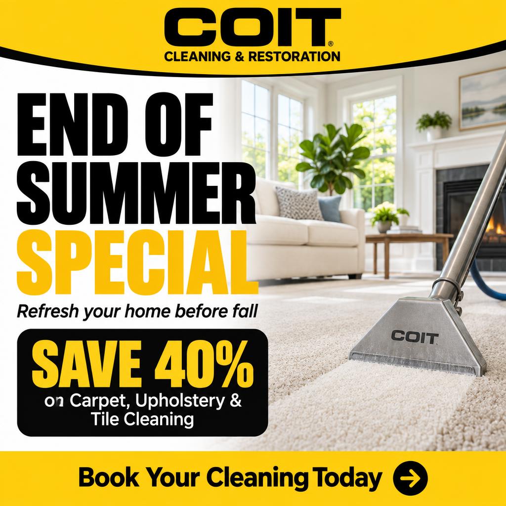 COIT End of Summer Special Facebook ad — save 40% on carpet, upholstery and tile cleaning